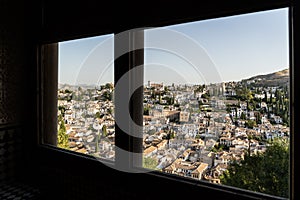 Albayzin district of Granada, Spain, from a window in the Alhambra palace