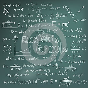 Albert Einstein law theory and physics mathematical formula equation, doodle handwriting icon in blackboard background with photo