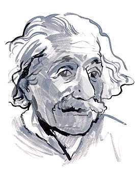 Albert Einstein portrait. Outline sketch. Freehand drawing with gouache