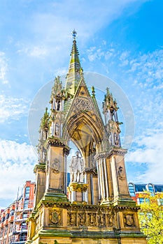 Albert memorial on Albert square in front of the town hall in Manchester, England