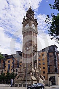 Albert Memorial Clock in Queen`s Square in Belfast, Northern Ireland UK
