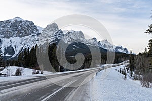 Alberta Highway 742 Three Sisters Parkway in winter. Canmore, Alberta, Canada.