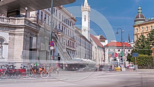 Albertina Square aerial timelapse with historic buildings in downtown Vienna, Austria