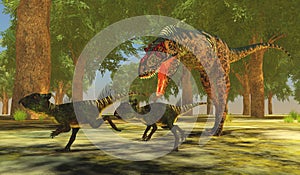 Cretaceous Period Albertosaurus attacks Archaeoceratops photo