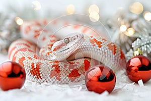 Albino Python Wrapped Around Christmas Tree Branches with Festive Decorations