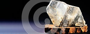 Albite is a rare precious natural stone on a black background. AI generated. Header banner mockup with space.