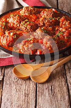 Albondigas meatballs with tomato sauce on a plate close-up. Vert photo