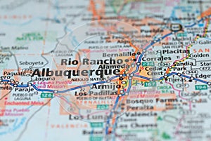 Roads on the map around Albuquerque city, USA. photo
