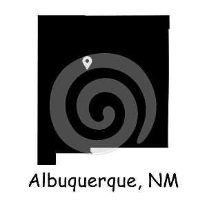 Albuquerque on New Mexico State Map. Detailed NM State Map with Location Pin on Albuquerque City. Black silhouette vector map isol