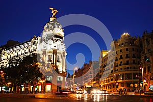 Alcala and Gran Via street in Madrid night city