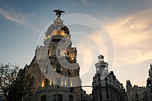 Alcala and Gran Via streets at dusk in Madrid