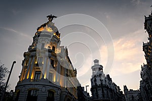 Alcala and Gran Via streets at dusk in Madrid