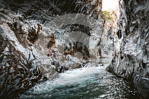 Alcantara Gorge and Alcantara river park in Sicily Island, Italy.