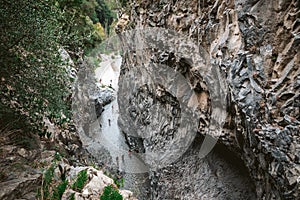 Alcantara Gorge and Alcantara river park in Sicily Island, Italy. Gole Alcantara Botanical and Geological Park