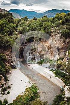 Alcantara Gorge and Alcantara river park in Sicily Island, Italy. Gole Alcantara Botanical and Geological Park