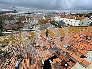 Alcantara Lisboa district Tago river rooftop panorama. Lisbon Portugal