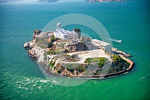 Alcatraz Island and Prison, aerial view from helicopter on a clear sunny day