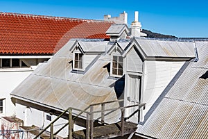 Alcatraz islands Military chapel with Guard house and Sally port and Eletric Repair shop from its side