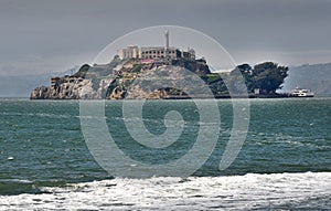 Alcatraz offshore SanFrancisco appears like a early steam liner on the horizon photo