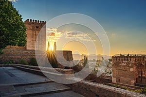 Alcazaba at sunset with Torre del Homenaje and Turret Tower (Torre del Cubo) at Alhambra - Granada, Andalusia, Spain photo