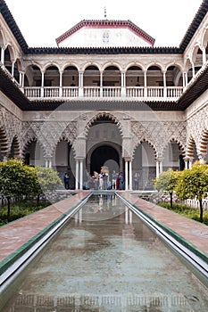 Alcazar of Seville fountain at day , Seville , Spain