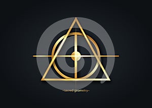 Alchemical cross, Sacred Geometry gold logo icon, primitive geometric shapes. Alchemy esoteric symbols. Golden luxury line art