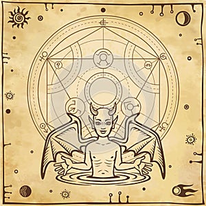 Alchemical drawing: little demon, circle of a homunculus. Esoteric, mystic, occultism. photo