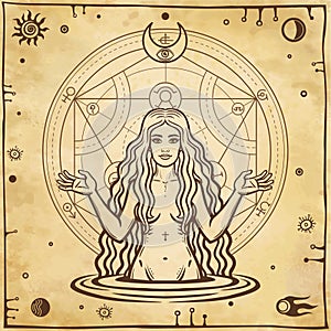 Alchemical drawing: young beautiful woman, Eve`s image, fertility, temptation.