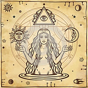 Alchemical drawing: young beautiful woman, Eve`s image, fertility, temptation.