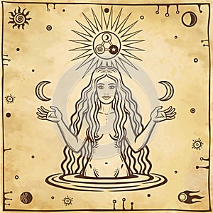 Alchemical drawing: young beautiful woman holds moons in hand. photo