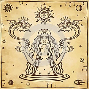 Alchemical drawing: young beautiful woman holds winged snakes in hand. Esoteric, mystic, occultism. photo
