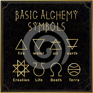 Alchemical golden basic symbols set on dark background. Elements of nature. Creation, life, death, terra. Sacred