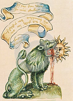 alchemical hermetic illustration of the lion devouring the sun of the rosarium philosophorum