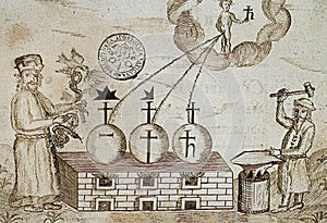 alchemical illustration of saturnine matter taken from the speculum veritas