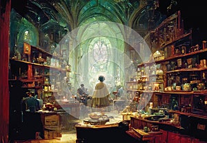 Alchemist office with laboratory fixtures, office room in an palace, digital art