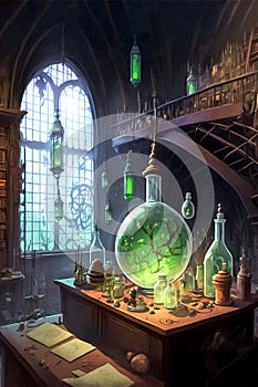 Alchemist's desk, flask with magic elixir, vintage laboratory interior