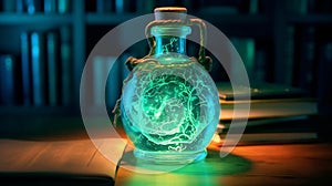 A alchemists flask with glowing fluid inside.Generative AI