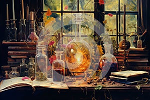 Alchemists Laboratory. Bubbling Peach, Rose, and Coral Concoctions in Glass Vials