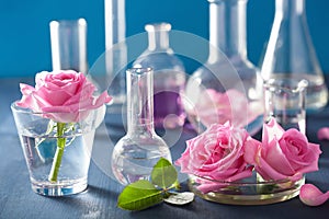 Alchemy and aromatherapy with rose flowers and chemical flasks