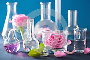 alchemy and aromatherapy set with rose flowers and chemical flasks