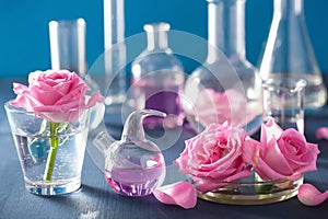 alchemy and aromatherapy set with rose flowers and chemical flasks