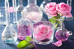 alchemy and aromatherapy set with rose flowers and chemical flasks