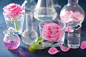 alchemy and aromatherapy set with rose flowers and chemical flasks