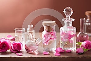 Alchemy and aromatherapy set with rose flowers and flasks