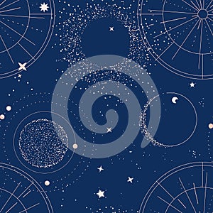 Alchemy celestial background, blue sky with moon, stars, planets space decor, universe pattern