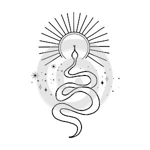 Alchemy esoteric mystical magic celestial talisman with snake, sun, stars