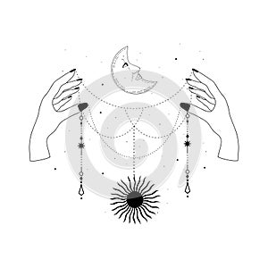 Alchemy esoteric mystical magic celestial talisman with woman hands, sun, moon