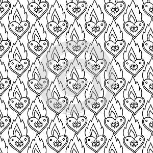 Alchemy flaming hearts seamless pattern. Doodle line art background design. Hand drawn cute artwork