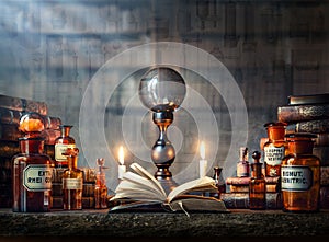 Alchemy, Halloween, magic, witchcraft, fortune telling, mysticism background. Magic crystal ball, ritual books and bottles of