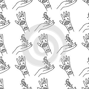 Alchemy hands and eyes seamless pattern. Doodle line art background design. Hand drawn cute artwork